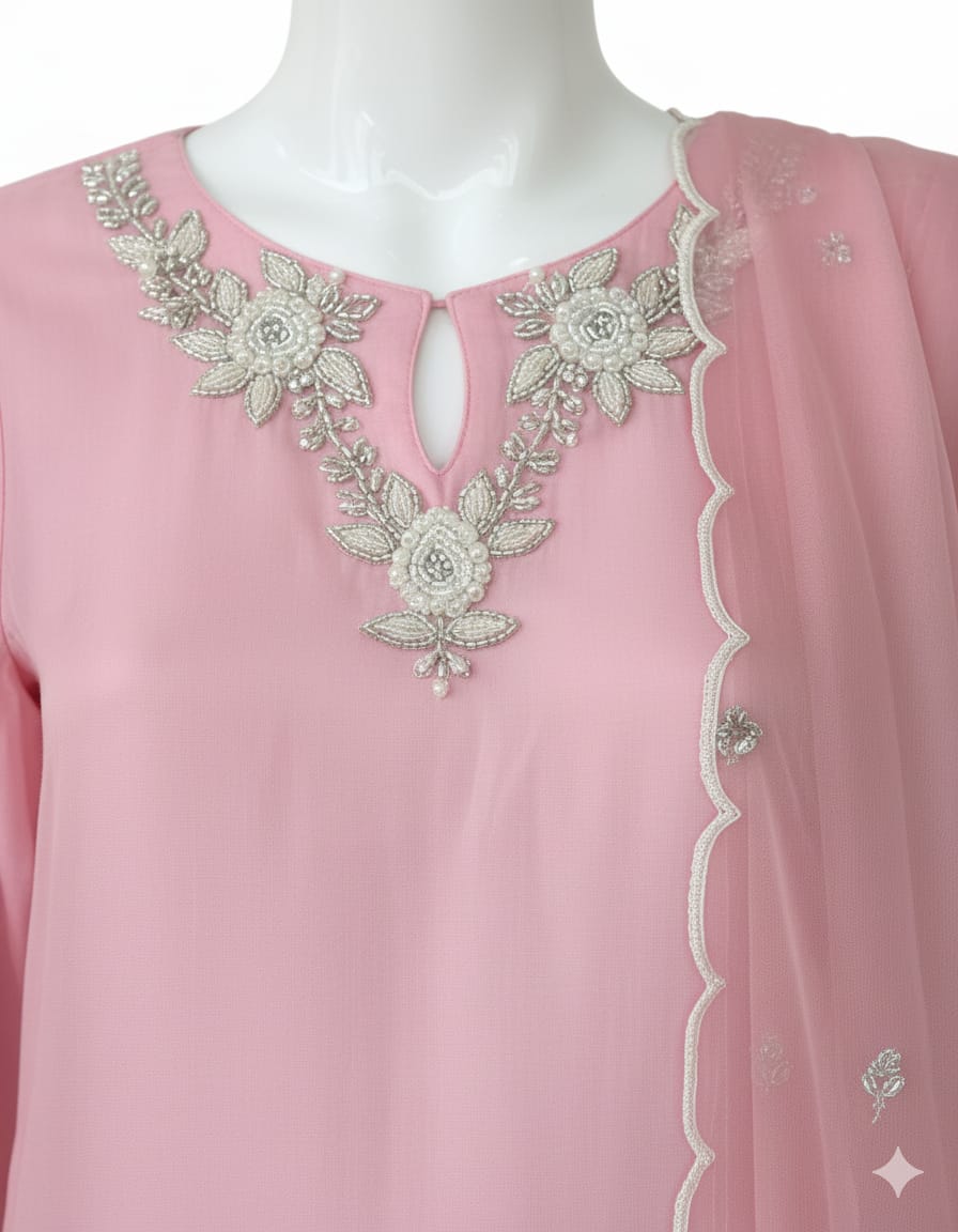 Pink Hand-Embroidered Silk Suit with Organza Dupatta - Image 2