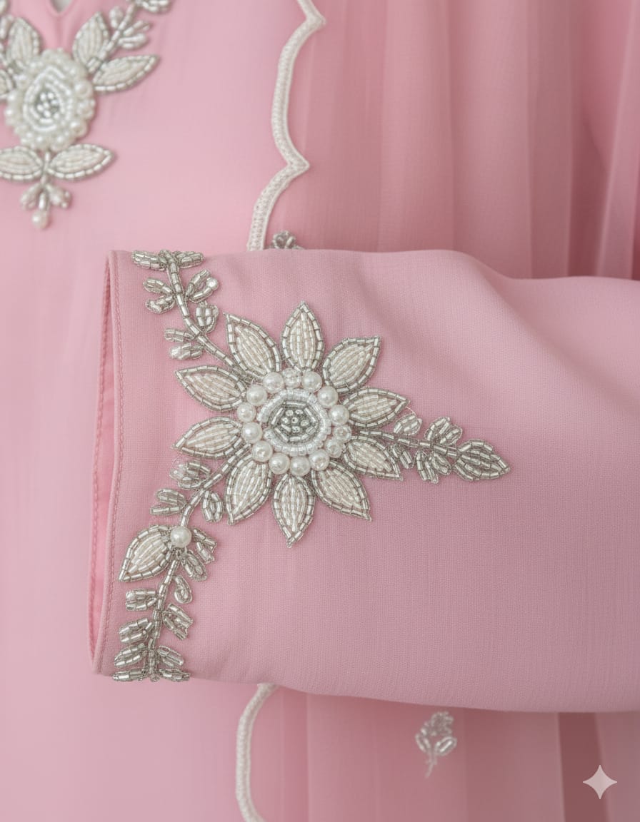 Pink Hand-Embroidered Silk Suit with Organza Dupatta - Image 3