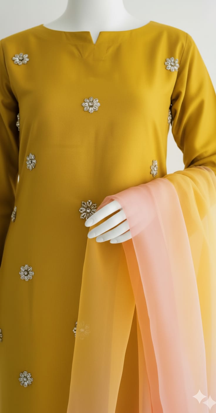 Marigold Zari - Hand-Embroidered Katan Silk Suit with Organza Dupatta - Image 2