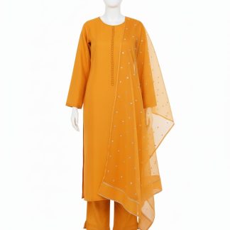 Mustard Katan Silk Suit with Embroidered Organza Dupatta