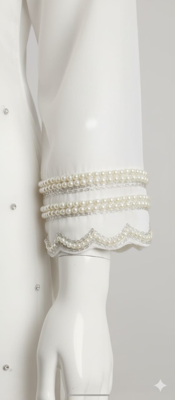 Pearl Elegance - Embroidered White Silk Suit with Scalloped Details - Image 3