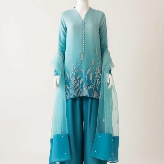 Teal Hand-Embroidered Silk Suit with Organza Dupatta