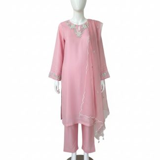 Pink Hand-Embroidered Silk Suit with Organza Dupatta