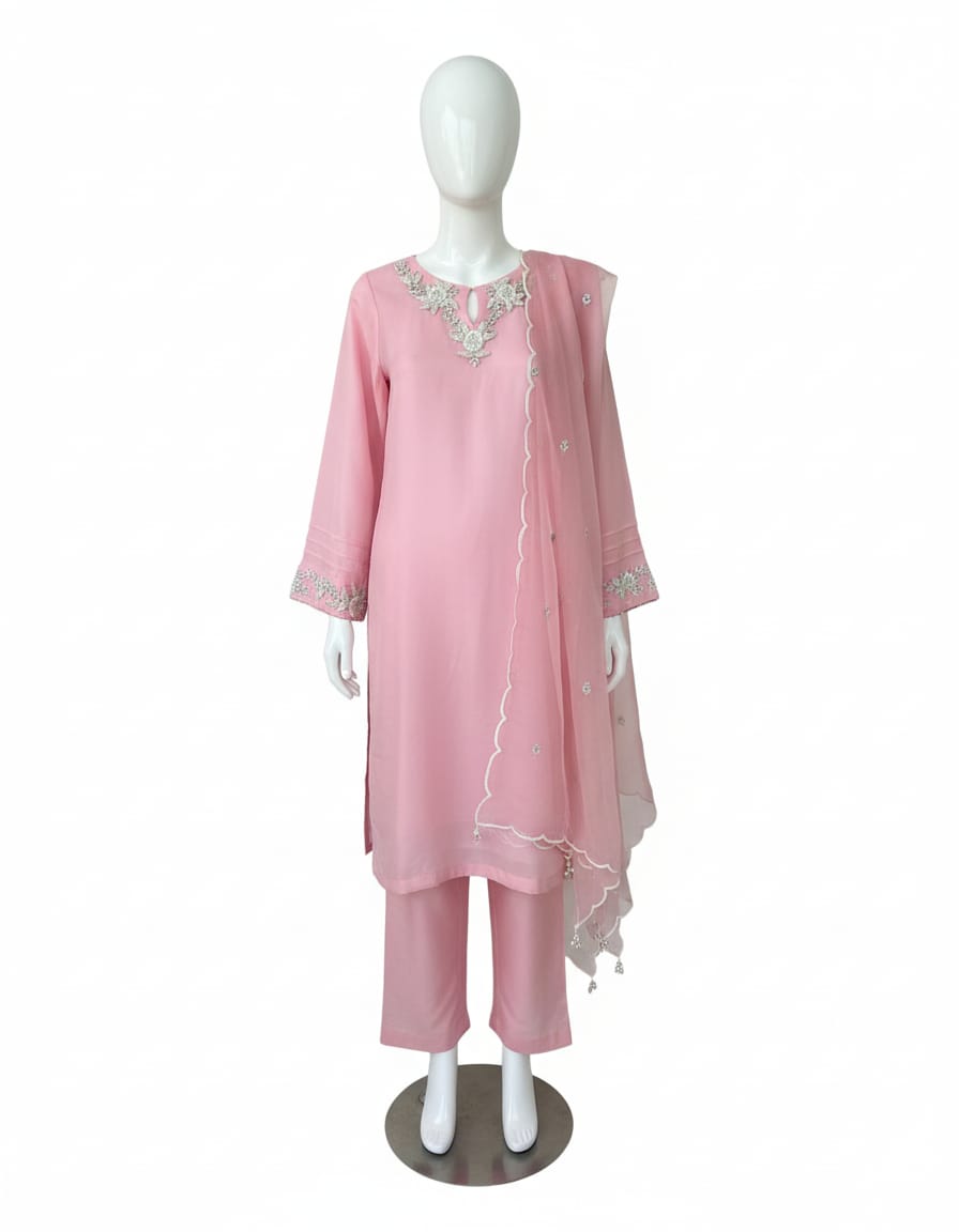 Pink Hand-Embroidered Silk Suit with Organza Dupatta