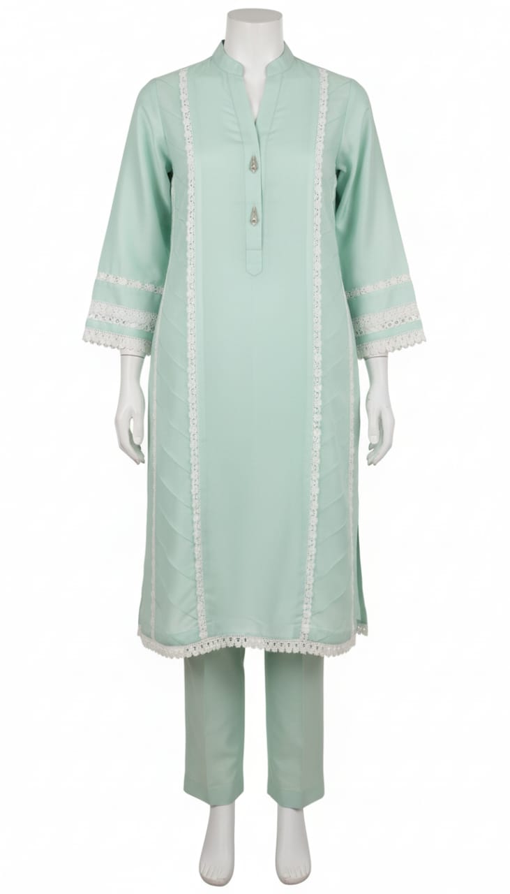 Elegant pastel cotton kurta set with lace detailing and straight pants, available in custom sizes – Thredz