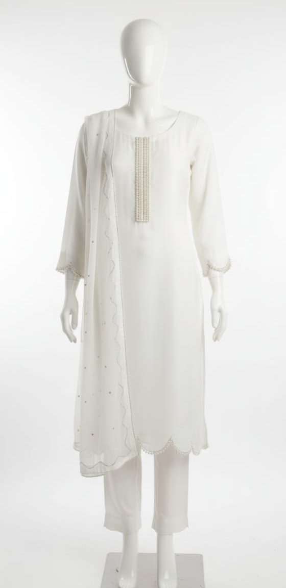 Pearl Elegance - Embroidered White Silk Suit with Scalloped Details
