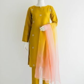 Marigold Zari - Hand-Embroidered Katan Silk Suit with Organza Dupatta