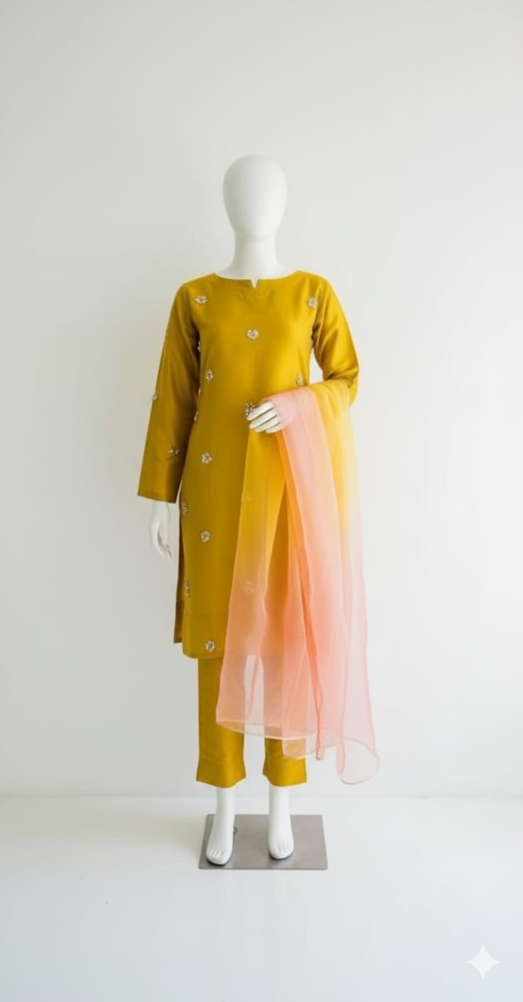Marigold Zari - Hand-Embroidered Katan Silk Suit with Organza Dupatta