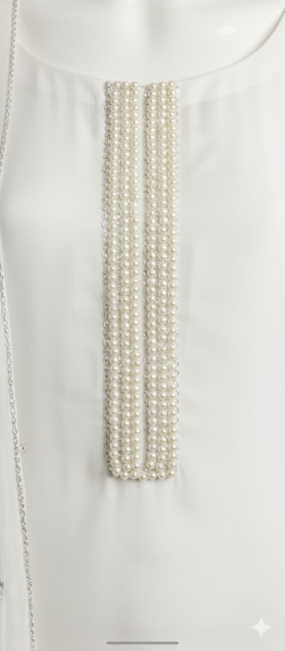Pearl Elegance - Embroidered White Silk Suit with Scalloped Details - Image 2